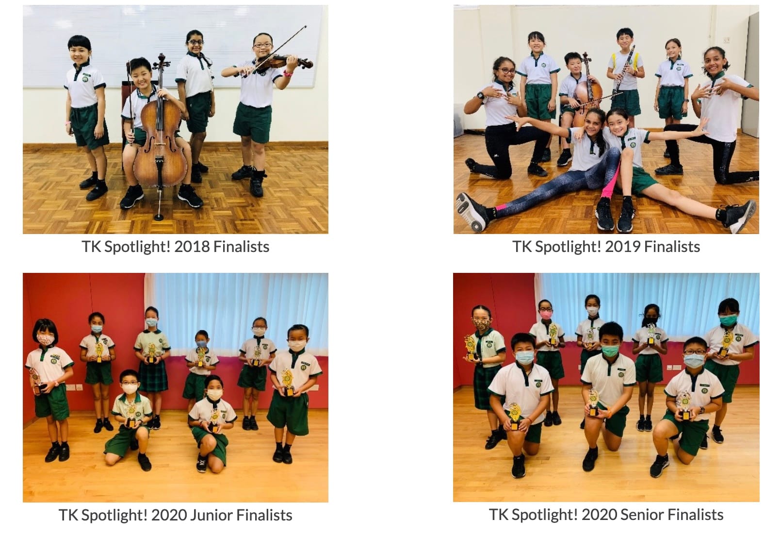 Four group photos of school children in uniforms labeled TK Spotlight finalists from 2018, 2019, and 2020.